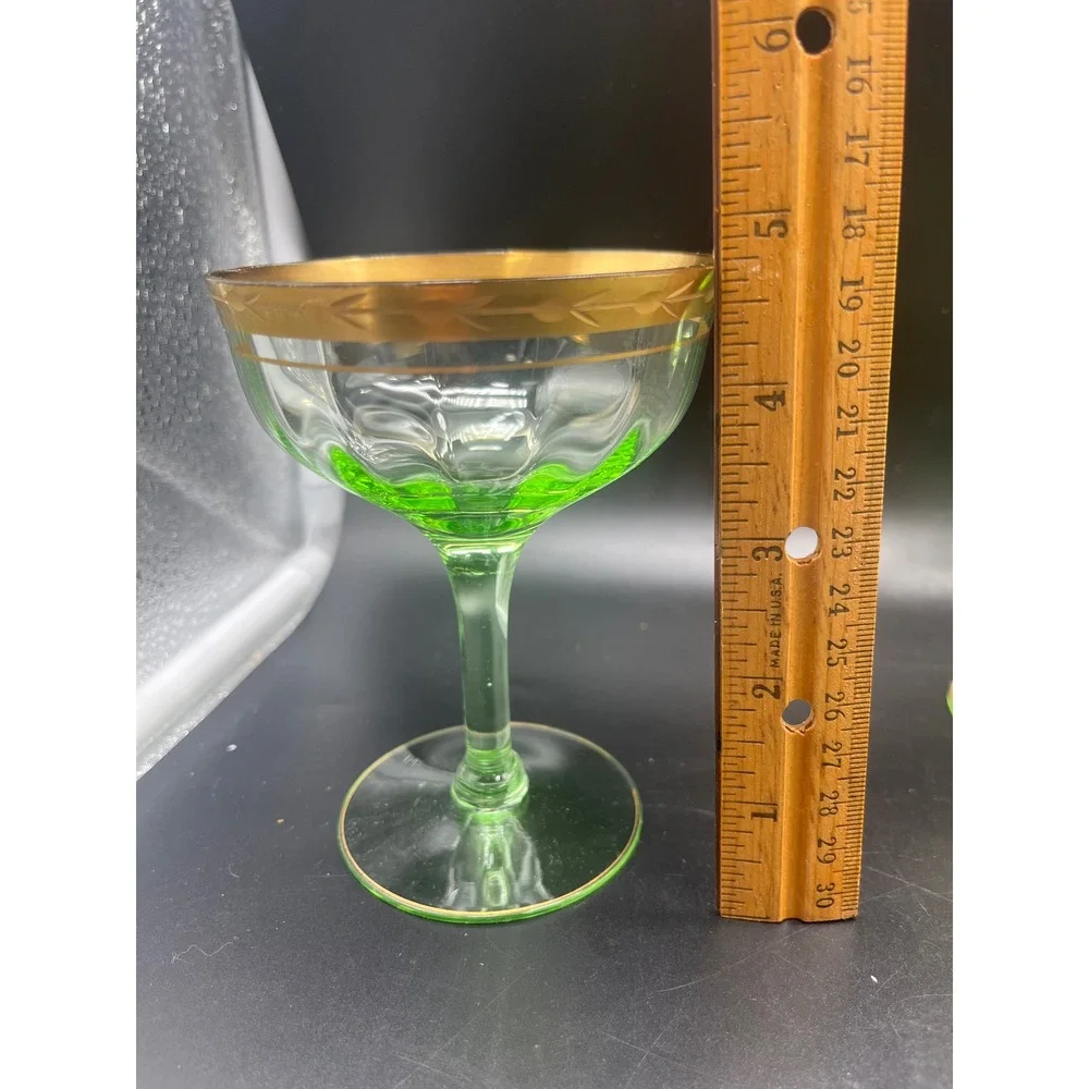 Vtg‎ Gold Rimmed Green Cocktail sherbet Glasses Vaseline Uranium 30's set 5 READ